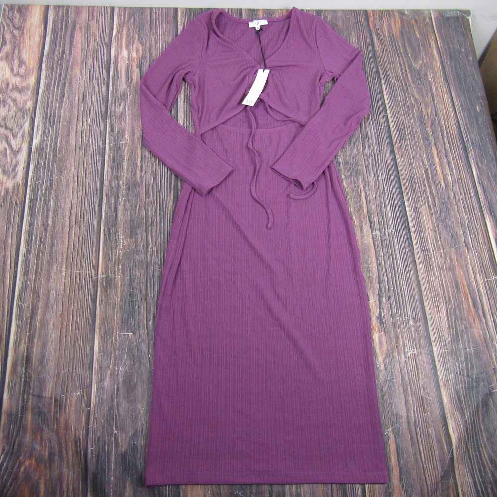 NSR Dress Womens Medium Purple‎ Ribbed Long Sleeve Cutout Tie Waist Midi Bodycon